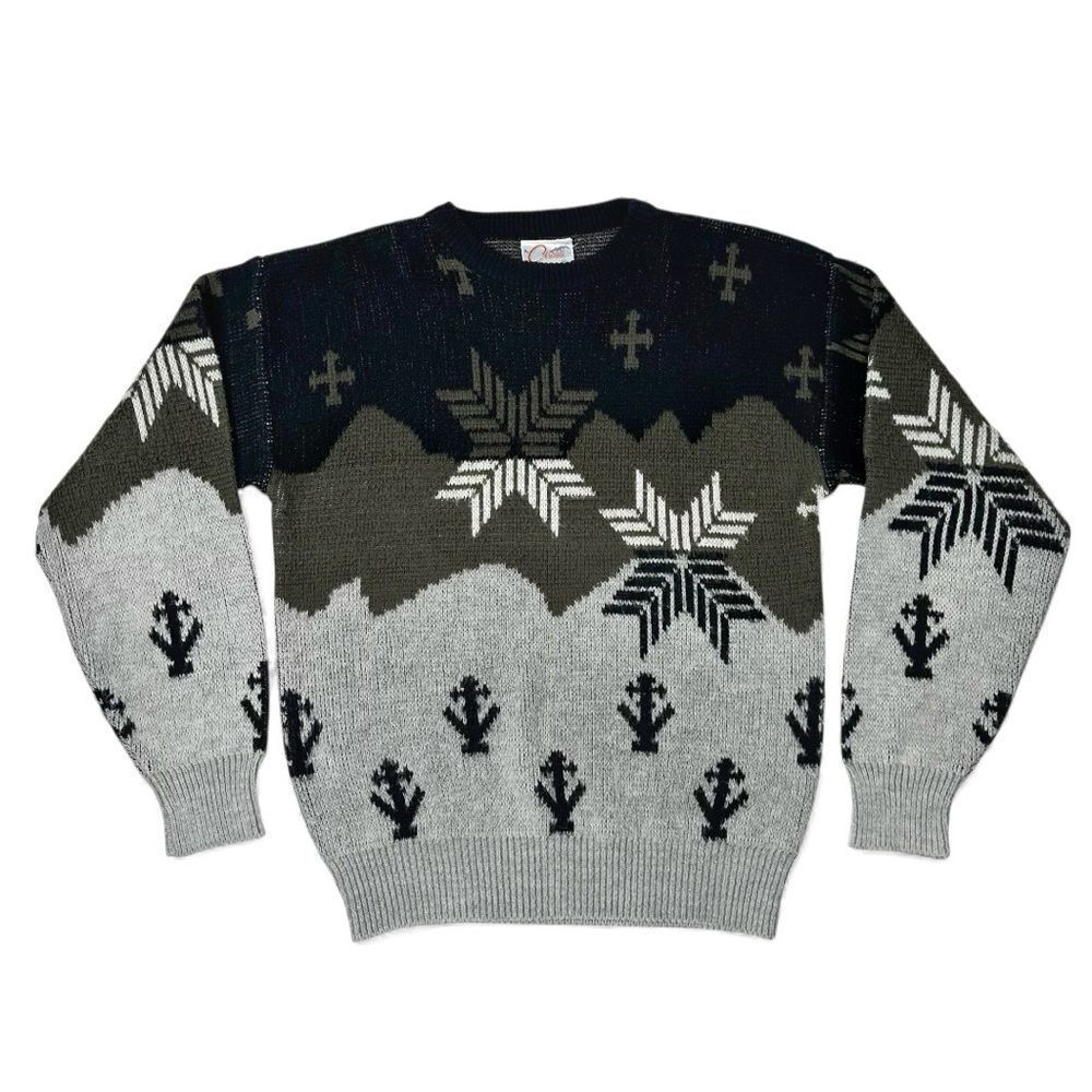Vintage Circuit Grey Knit Sweater Fair Isle Snowflake Tree Men Sz M